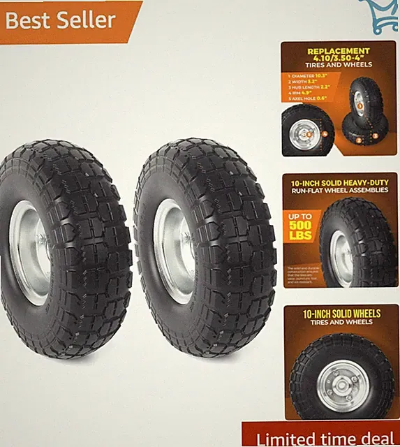 2-Pack 10-Inch Solid Rubber Flat-Free Tire Wheels for Hand Trucks and Carts