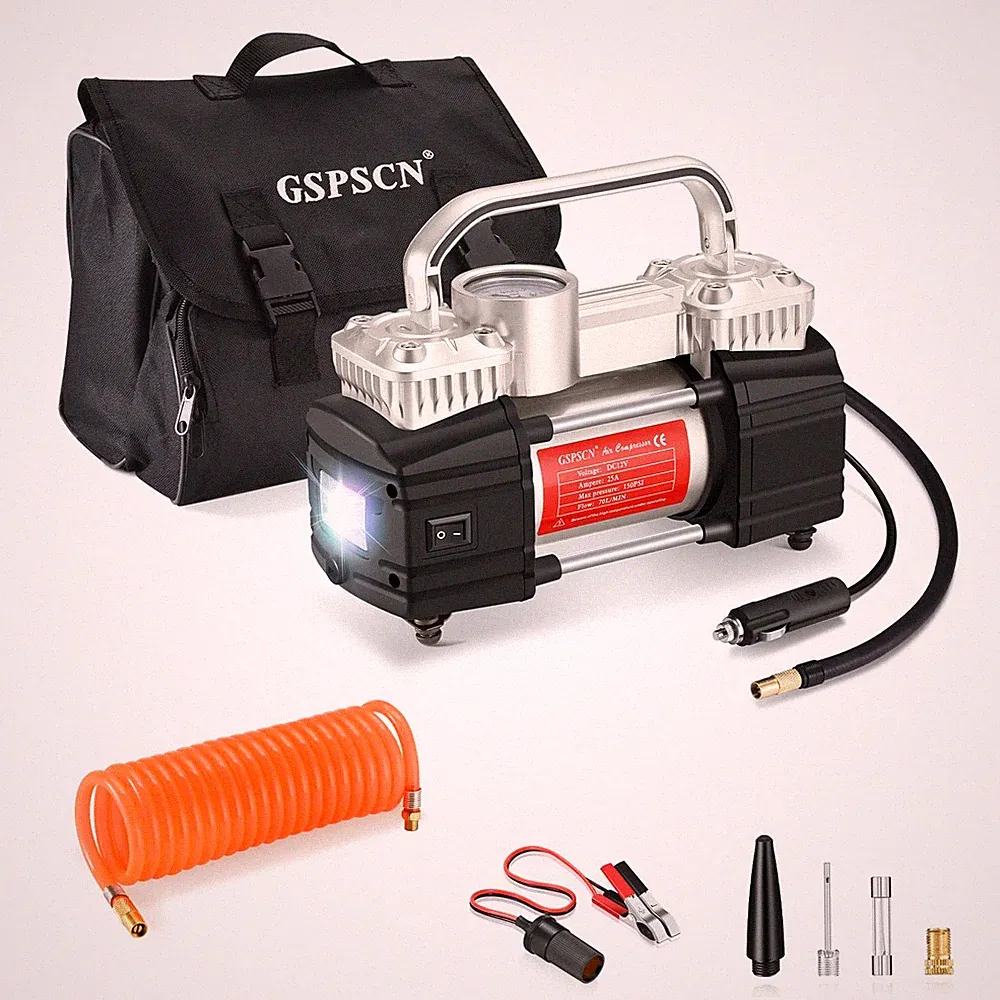 Silver Dual Cylinder 12v Air Compressor Pump For Car Heavy Duty Portable Tire In