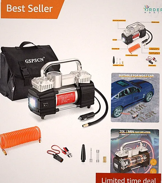 Silver Dual Cylinder 12V Air Compressor Pump Portable Tire Inflator 150PSI